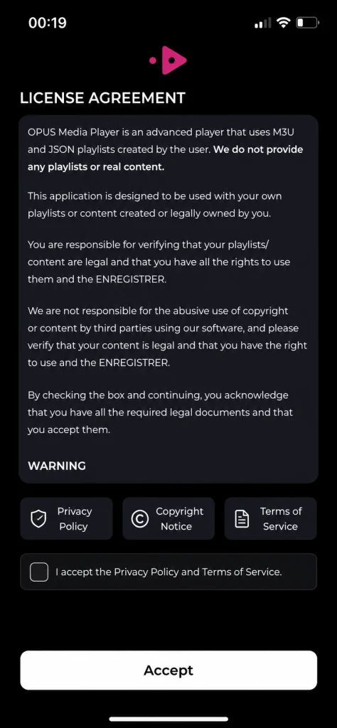 IPTV Opus player terms and policies